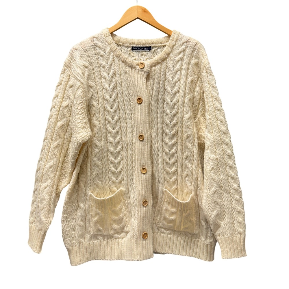 Vintage WoolOvers‎ Cardigan Womens XL Cable Knit Cream Fisherman British Wool